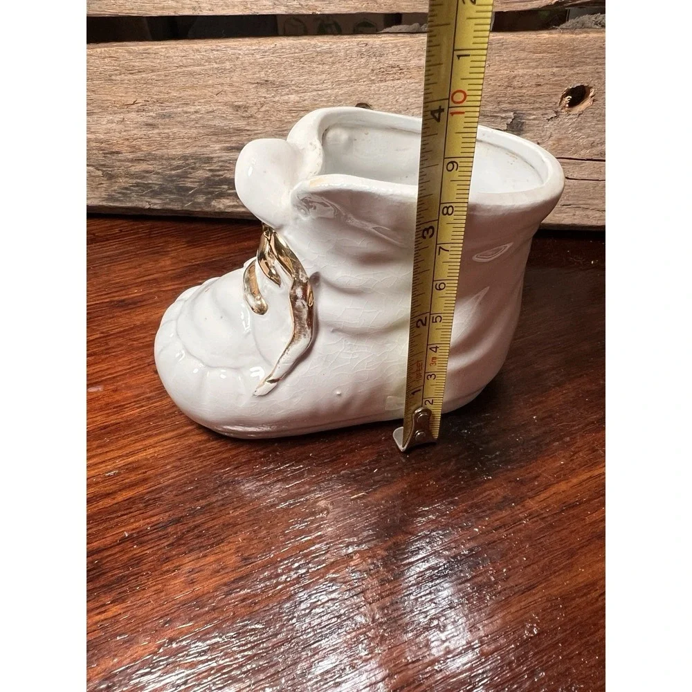 White Vintage Baby Shoe Planter Gold accents Ceramic Succulent‎ Nursery Baby